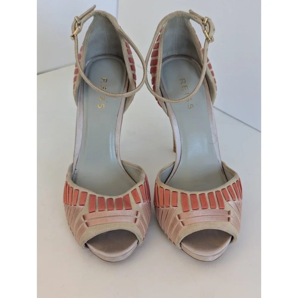 Reiss Womens Heels Size 7 Nude Coral Ankle Strap Cutout Peep Toe Stiletto - Picture 2 of 16